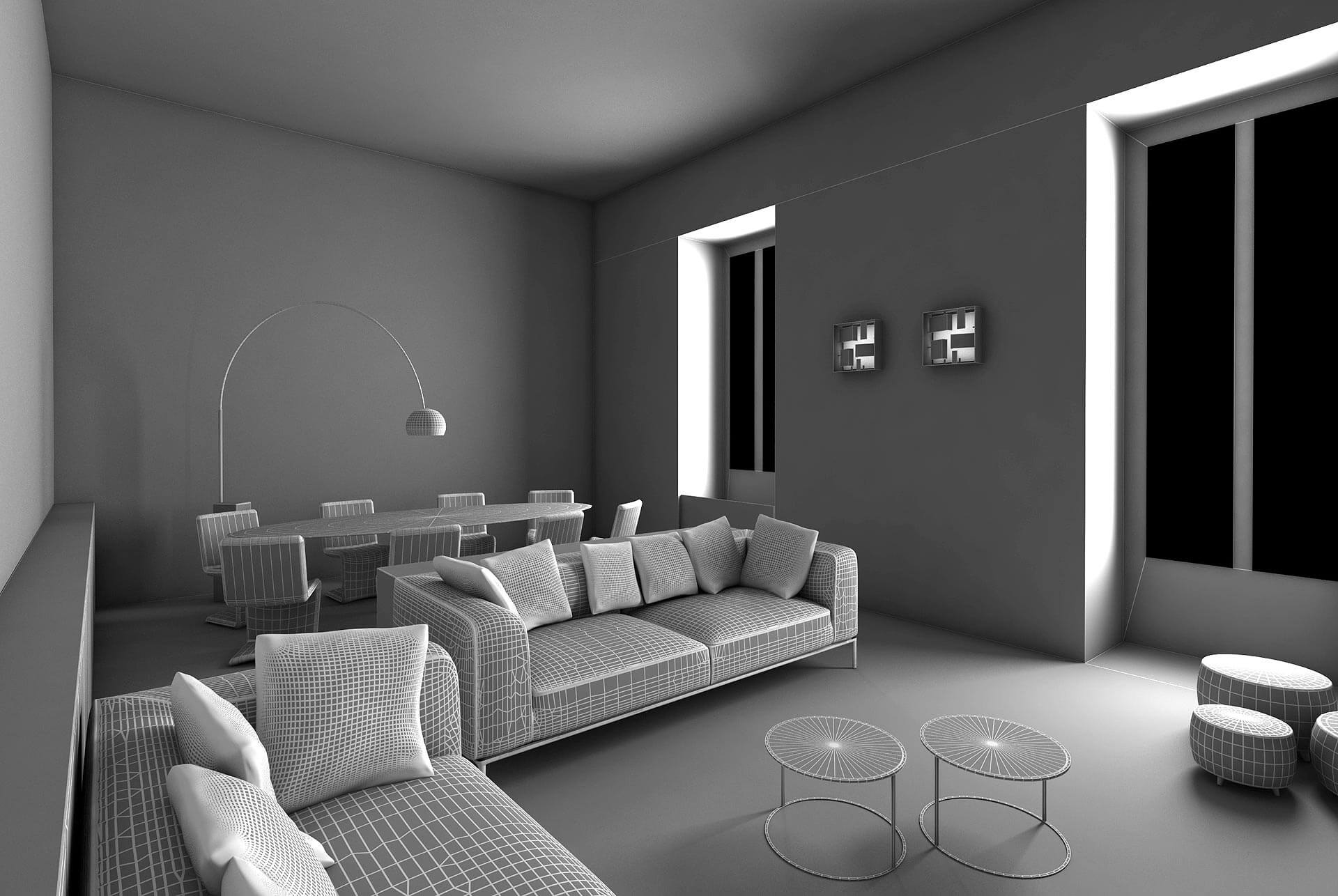Render 3D in Bianco e Nero di Interno Residenziale – Virtual World con Osmosis Synergy Render 3D monocromatico di soggiorno con divano e lampada – anteprima di mondo virtuale interattivo sviluppato da Osmosis Synergy per virtual tour immobiliari