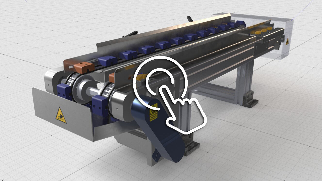 Modello 3D di nastro trasportatore industriale in VR con icona di interazione – Osmosis Synergy, simulazioni VR per macchine industriali
